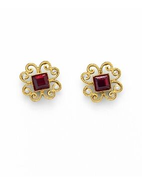 Vintage Gold Tone Faux Ruby Filigree Earrings | July Birthstone Studs